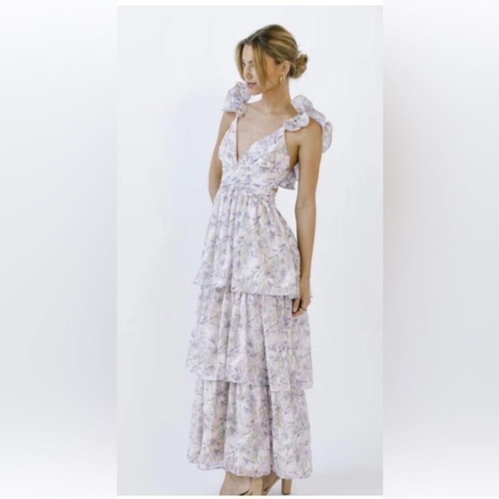 Storia purple floral romantic ruffle tiered maxi dress M/L